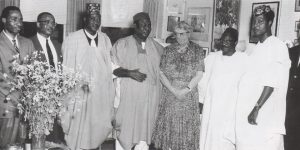 Chief Festus Samuel Okotie-eboh, with the Trade Delegation in the United States of America. To his left is Minister of Commerve and Industry, Alhaji Zanna Bukar Dipcharima