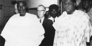 Chief Festus Samuel Okotie-Eboh, Nigeria's Finance Minister with Prime Minister, Sir Tafawa Balewa