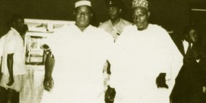 Chief Festus Samuel Okotie-Eboh touring with Prime Minister, Sir Abubarka Tafawa Balewa.