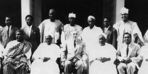 L-R: Minister of Works and Survey, Alhaji Inuwa Wada, Chief F.S. Okotie-Eboh, Prime Minister, Tafawa Balewa, British Governor General, James Robertson and other Federal Cabinet Ministers in 1960. Back row: Alhaji Maitama Sule. J.M Johnson.