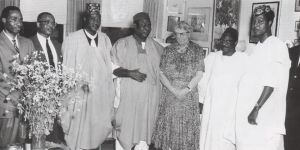 Chief Festus Samuel Okotie-eboh, with the Trade Delegation in the United States of America. To his left is Minister of Commerve and Industry, Alhaji Zanna Bukar Dipcharima